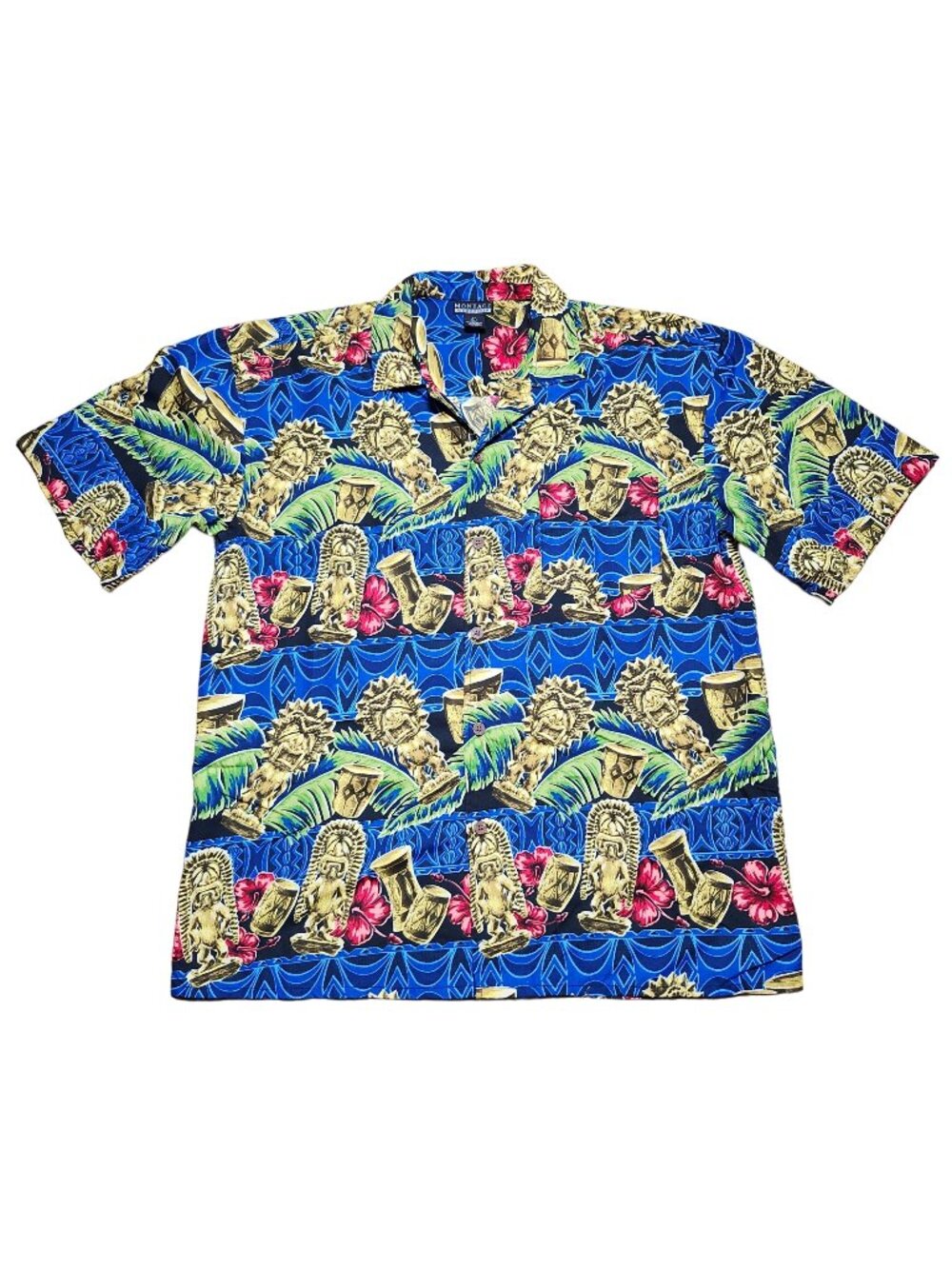 Montage Microfiber Hawaiian Shirt Tiki Print Short Sleeve Button-Down L